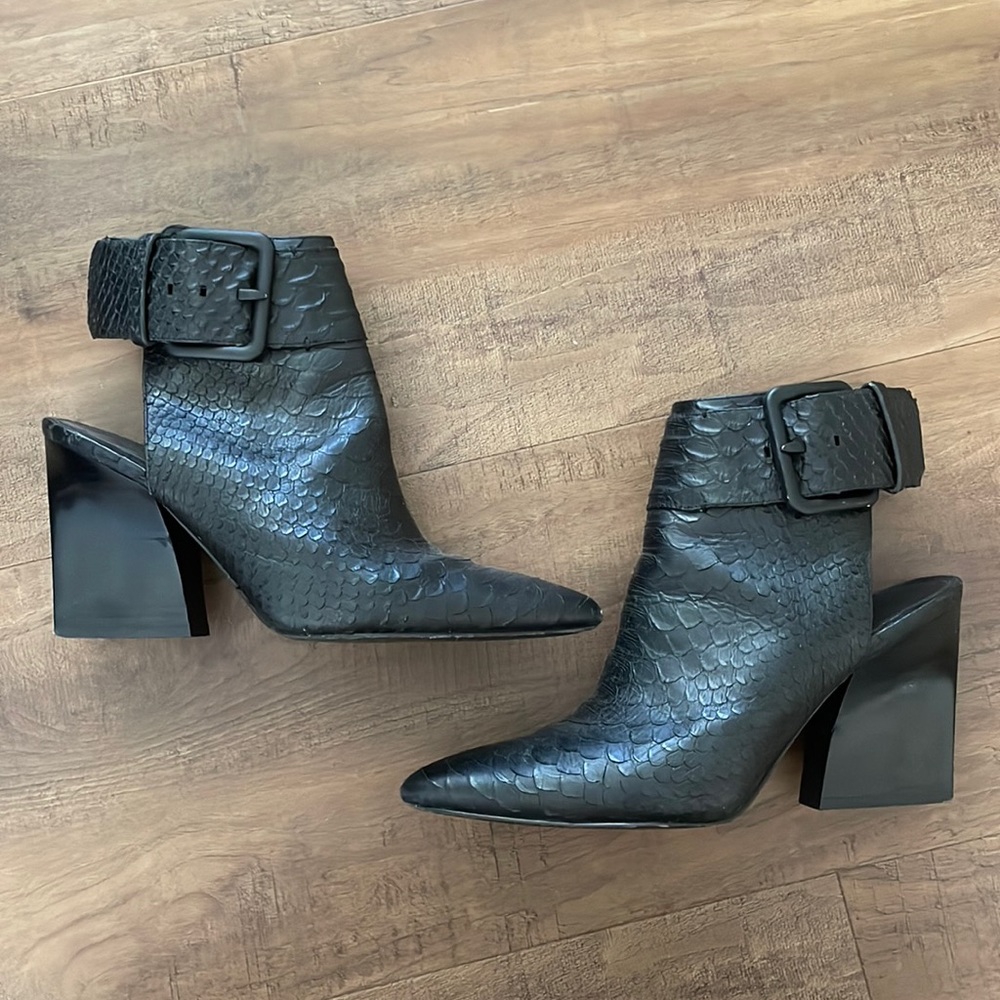Black leather croc embossed booties